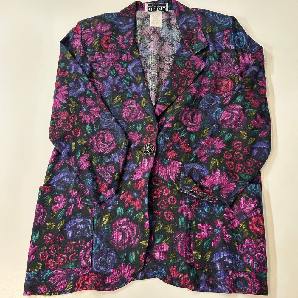 Studio Ease Vintage Floral Herringbone Blazer Pink Purple Rayon USA Made Sz 12